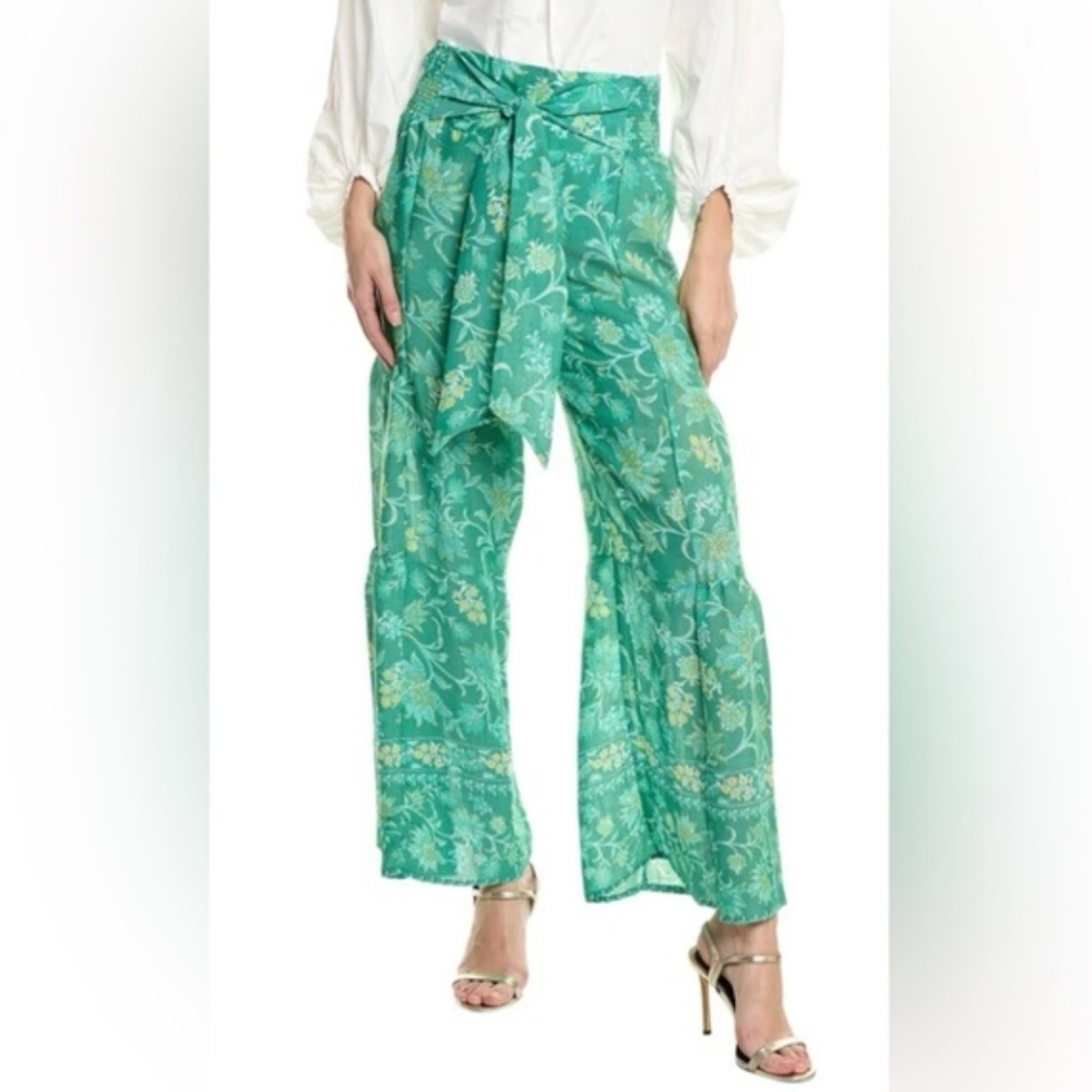 Nanette Lapore Green Yellow Floral Tie Front Wide Leg Cabana Pant XL
